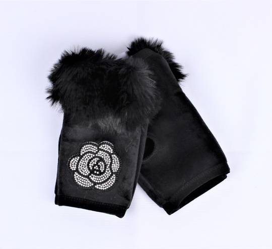 Winter ladies glove w diamante rose and faux fur cuff fingerless black Style; S/LK4860